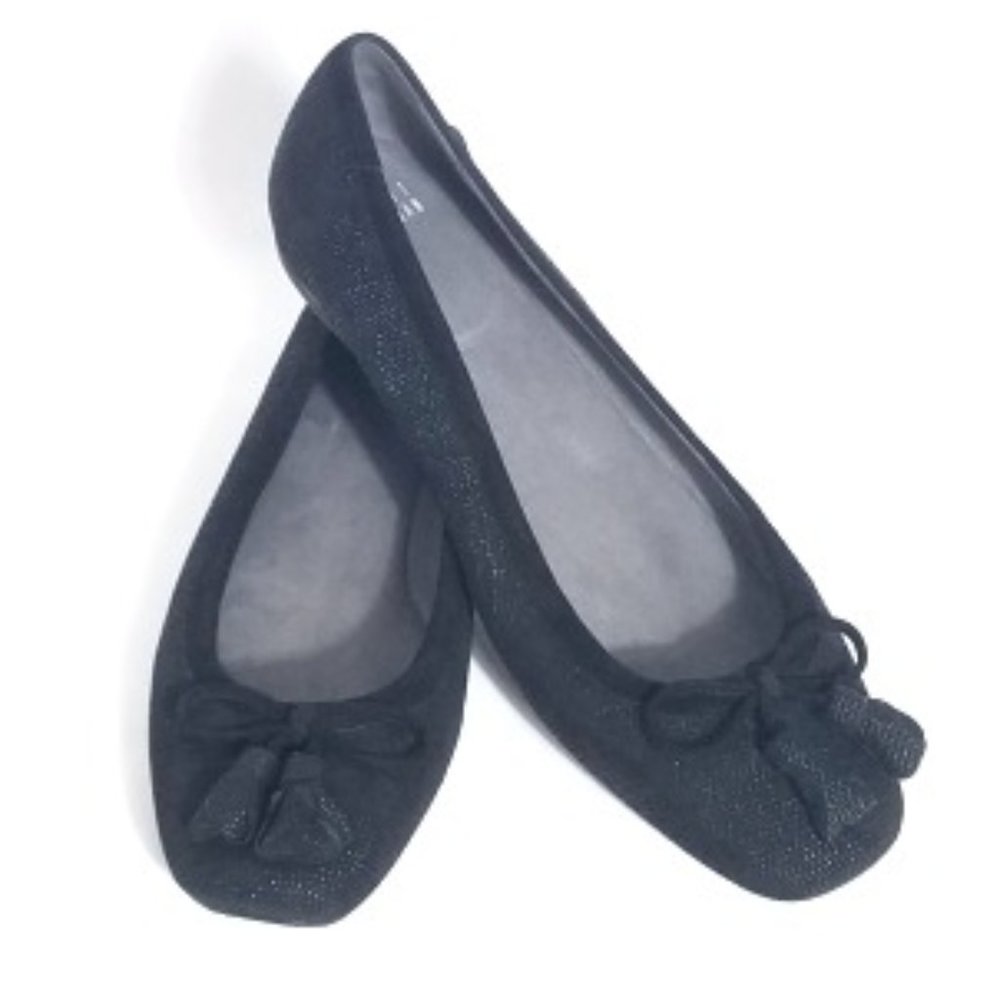 Stuart Weitzman Black Shiny Textured Dot Square Toe Flats Tassel Bow